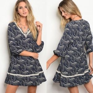 Navy feather pattern boho dress - NWT